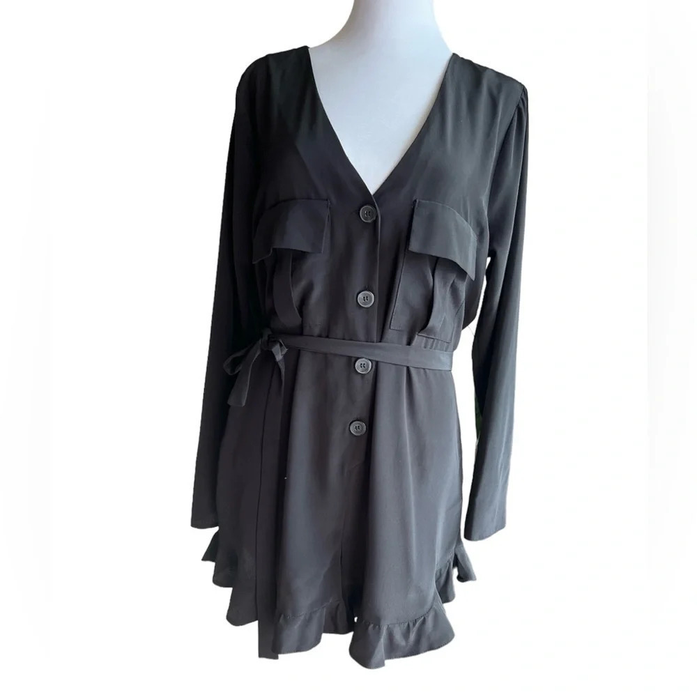ASOS Black Romper Deep V Long Sleeve Ruffle Hem  Size 8B NWT